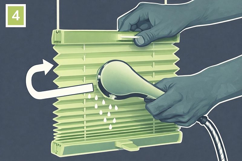 Plisé roleta sa oplachuje čistou vodou zo sprchy, aby sa odstránili zvyšky čistiaceho prostriedku počas šetrného čistenia.