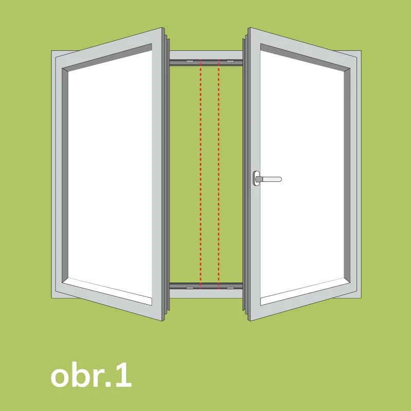 Dvojkrídlové okno so zobrazením spôsobu otvárania a polohy krídiel pri montáži sieťky proti hmyzu