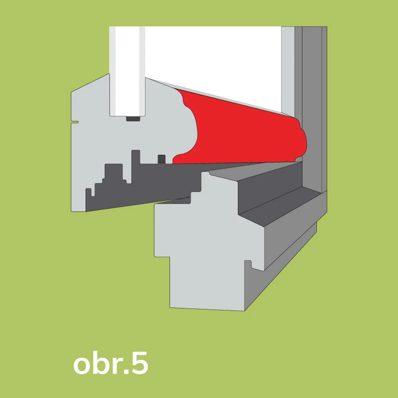 Rez oknom s rozšíreným tesnením, ktoré vytvára prekážku pre montáž pevnej siete proti hmyzu