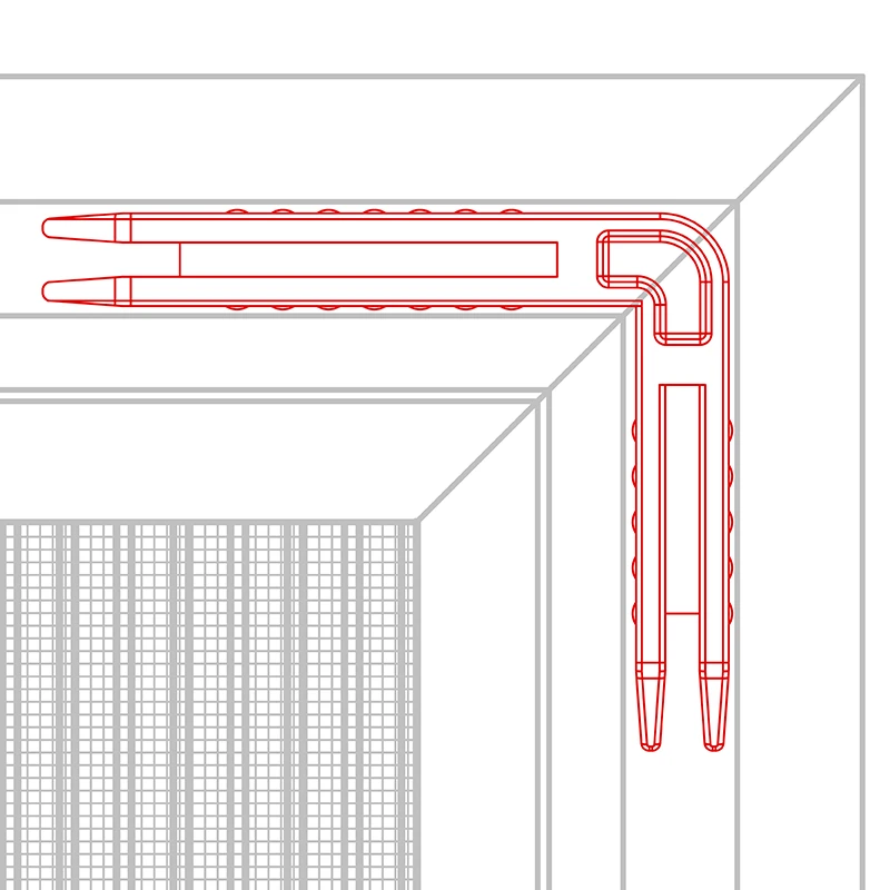 Detail rohového spoja pevnej siete proti hmyzu KLIK s vnútorným rohovým spájačom a rámom rezaným pod 45° pre presné a pevné osadenie.
